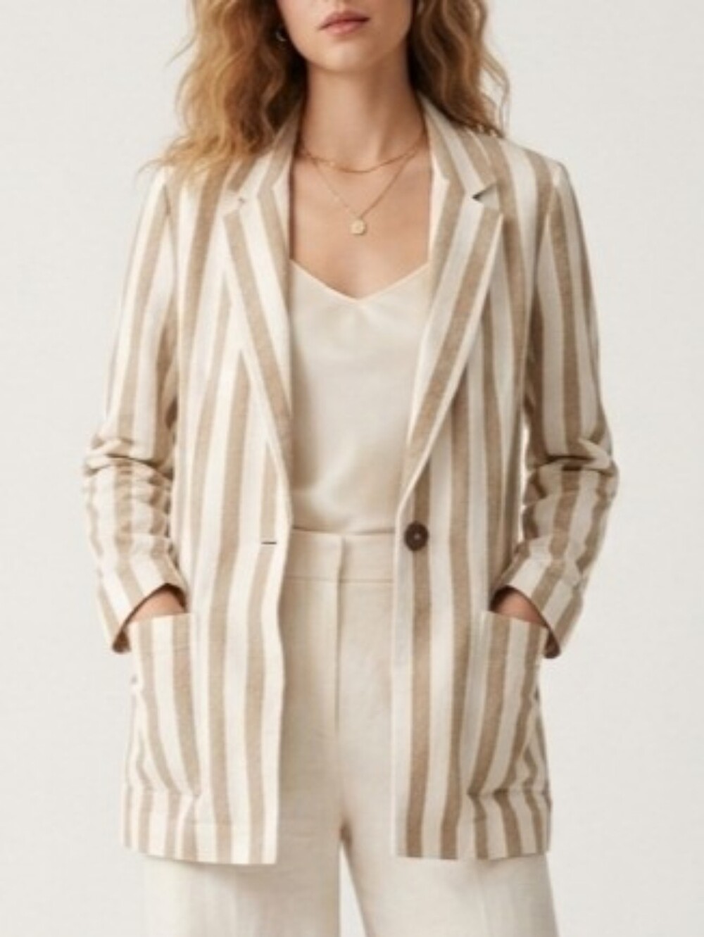 XS 100% Cotton La Classe Couture Striped Single-Button Blazer in Beige & White